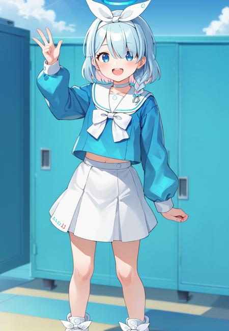 arona \(blue archive\) blue eyes, blue hair,braid,bow hairband,halo,choker,white sailor collar,white skirt,white sneakers, arona \(blue archive\), blue eyes, blue hair,braid,bow hairband,heart halo,black swimsuit, frilled bikini,bare arms,bare legs heart halo