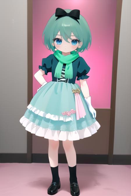 mannenrou green hair blue eyes scarf puffy sleeves gloves