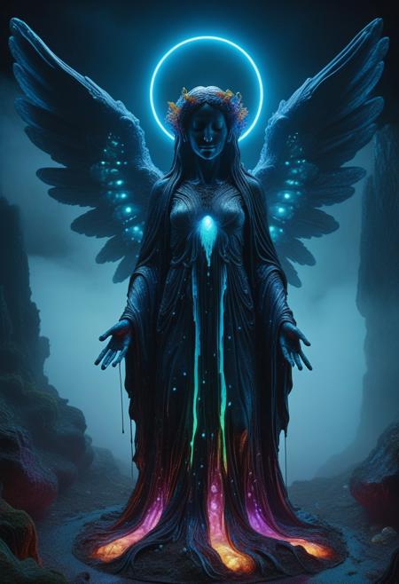 8k, hyperrealistic, dark horror atmosphere,  
a\ statue of a angel creature, Bioluminescent halo, made of organic material, glowing pustules and eyeless faces fused into the surface,( beautiful face:1.4), closed eyes, glowing liquid dripping from its limbs, multicolored glowing line in body, colorful ambient glow, Multicolored bioluminescent robes, surrounded by fog and distant whispers, stygical, decaying sacred structure,  Full Colour, 80mm lens, dim lighting