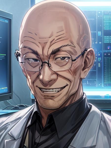 best quality, masterpiece, highres, detailed, <lora:Detail - add_detail:0.2>,  <lyco:Change - MadScientist:0.8>, MadScientistCh, lab coat, glasses, evil smile, 1man, c-tadokoro, bald, black eyes,  <lora:Tadokoro-10:0.6>, sci-fi, screens, programmer,