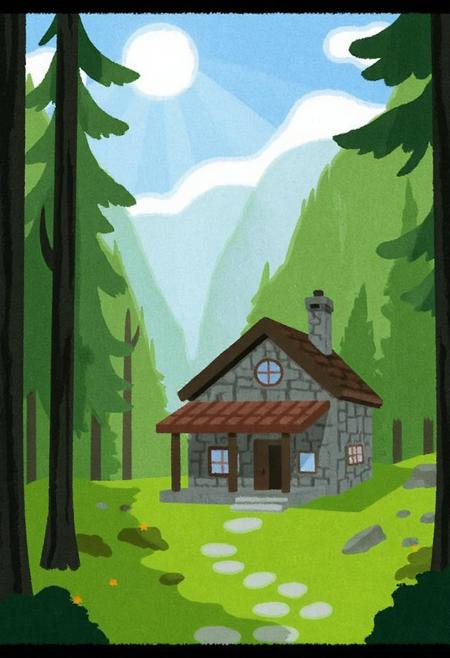irasutoya1 illustration,

A stone house in a sunlit valley, surrounded by forest