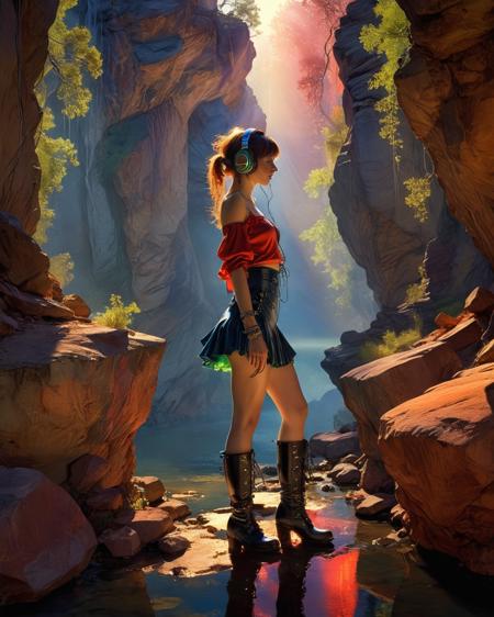 headphones, (full body:1.9), fantasy, punk, artistic, shafts of sunlight, (transparency:1.8),  lasers, mist, reflections, intense colors, miniskirt, goth boots, golden hour, (high resolution realistic photo:1.9),  outdoors, canyon, reflections, <lora:add-detail-xl:0.75> <lora:xl_more_art-full_v1:0.5> , airy transparency <lora:Maxfield Parrish Style:1> Maxfield Parrish Style page, chiaroscuro, neon, refracted light, (prismatic:1.5), (crimson:1.9), (emerald light:1.7), (deep blue::1.9), violet:1.9, indigo:1.9