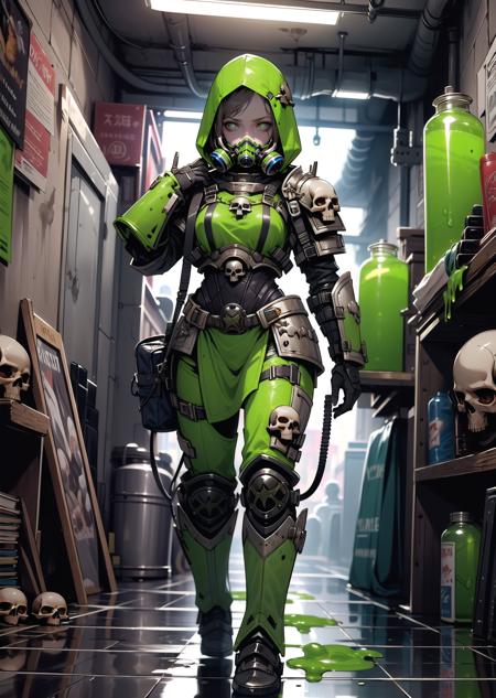 (1girl) (digital) (in detailed sewer, (power armor, armor, skull, tube, respirator, slime, canister, hood up, glowing eyes, green eyes)) , best quality, <lora:boldline:0.2>  <lora:hairdetailer:0.2>  plaguemarine <lora:plaguemarine:1>