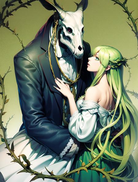 Masterpiece, photograph volumetric lighting, elias ainsworth, animal skull, <lora:Elias_AinsworthB-10:0.65> with woman, Light Green hair, blue eyes, vines, thorns