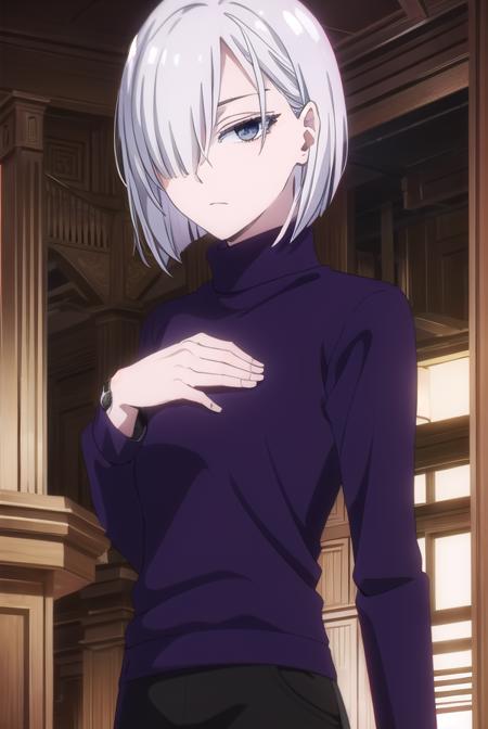 fiona frost, white hair, short hair, (hair over one eye:1.5), (grey eyes:1.5), long sleeves, pants, sweater, turtleneck, black pants, watch, turtleneck sweater, wristwatch, purple sweater,