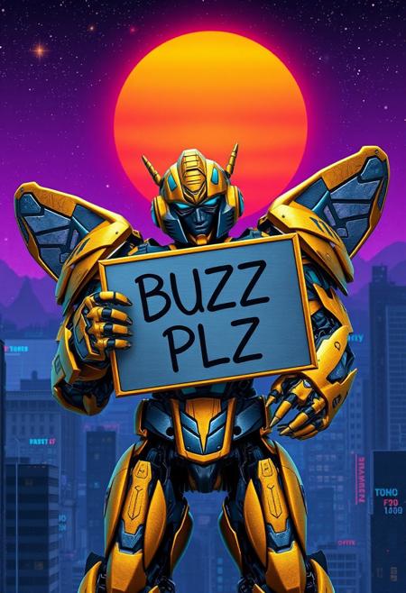 gold and blue Bumblebee transformer holding a sign that sys "BUZZ PLZ", photograph with a purple sky, cosmic stars, an orange and blue synthwave sun background. Slightly turned. Damascus steel. Ultra-detailed. Hyper-realistic. Metal city landscape