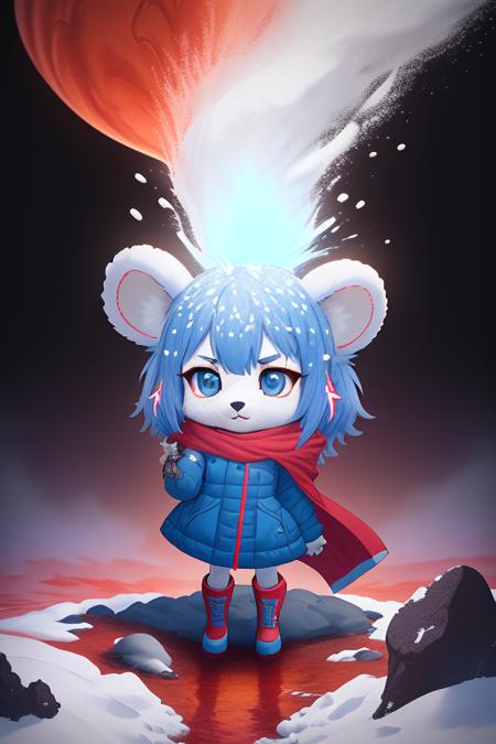 Chibi Anthromorphic Furry bunny Girl red winter dress  with light-blue over coat that is open, blue tights, red boots, standing near a  Glowing lava flow in Iceland, large flakes of ash and snow, angry, long Red-blue hair, Midjourney style, <hypernet:mjv4Hypernetwork_v1:0.8>octane render