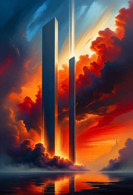Abstract illustration, surreal fractured landscape, twilight sky with deep indigo to fiery orange gradient, towering geometric shapes resembling shattered glass and steel beams, inner light glowing within structures, dark polished surface reflecting light, ethereal swirling fog in muted purples and blues, vibrant golds and reds in the distance, bursts of light and shadow creating dynamic contrast, white beam of light piercing the sky symbolizing memory and hope, abstract expressionism and digital futurism hybrid, bold colors with intense reds, blacks, golds, and silver, light casting long stretched shadows, broad sweeping brushstroke textures enhanced with digital precision, mist swirling at the base of the scene, radiant sky evoking reflection and honor, powerful and dramatic atmosphere, emotional tribute to 9/11 without banality or figures.