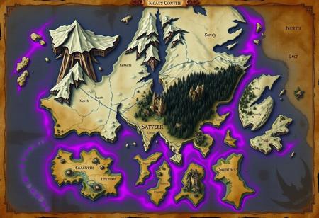 fantasy world map, one continent, snowy north, sandy south, forested east, middle castle. in the style of an old map, parchment. purple water, glowing edges, demonic. fjords