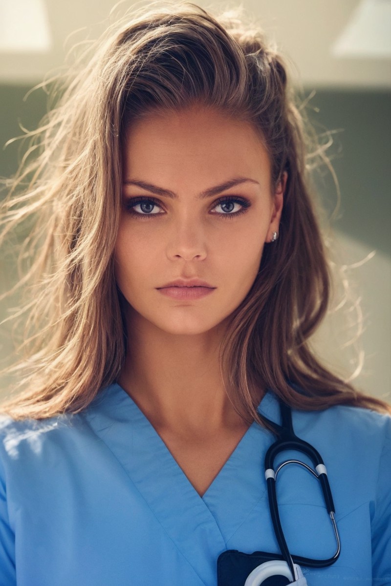 headshot, nurse, scrubs, at hospital, worried expression, soft colors, bokeh, masterpiece, high quality, (high detailed sk...