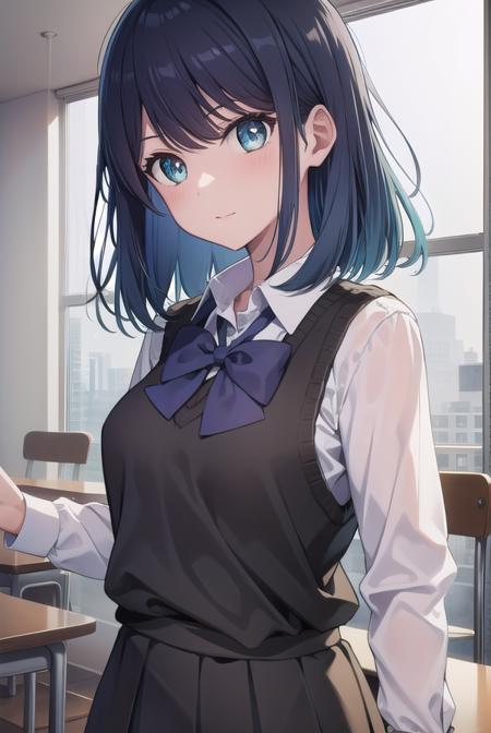 akanekurokawa, <lyco:akanekurokawa-lyco-nochekaiser:1>,
akane kurokawa, aqua eyes, blue hair, medium hair, sidelocks,
BREAK black sweater vest, blue bow, blue bowtie, bow, bowtie, collared shirt, long sleeves, puffy sleeves, school uniform, shirt, sweater vest, white shirt,
BREAK looking at viewer,
BREAK indoors, classroom,
BREAK <lyco:GoodHands-beta2:1>, (masterpiece:1.2), best quality, high resolution, unity 8k wallpaper, (illustration:0.8), (beautiful detailed eyes:1.6), extremely detailed face, perfect lighting, extremely detailed CG, (perfect hands, perfect anatomy),