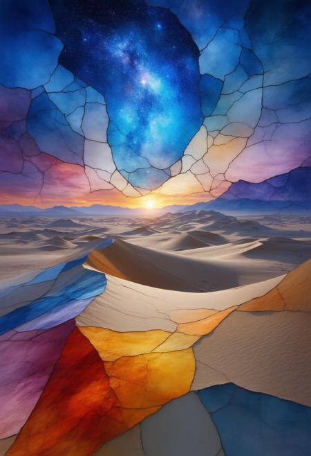 Imagine a surreal, Cubist rendering of the Namib Desert at twilight, fractured into stained-glass shards under a vast, star-studded sky. Towering dunes, rendered as geometric planes, shift and overlap, displaying a spectrum of oranges, reds, and purples as the last rays of sunlight hit the sand. The sky is a swirling vortex of blues and violets, punctuated by intensely bright stars. Photorealistic elements are focused on the texture of the sand â the wind-blown ripples and the subtle differences in color â contrasting sharply with the abstract, fragmented landscape. The overall composition emphasizes the immense scale and quiet majesty of the desert, while the stained-glass effect creates a sense of otherworldly beauty. Render in 8k resolution, employing dramatic lighting and subtle chromatic aberration to enhance the dreamlike quality.
