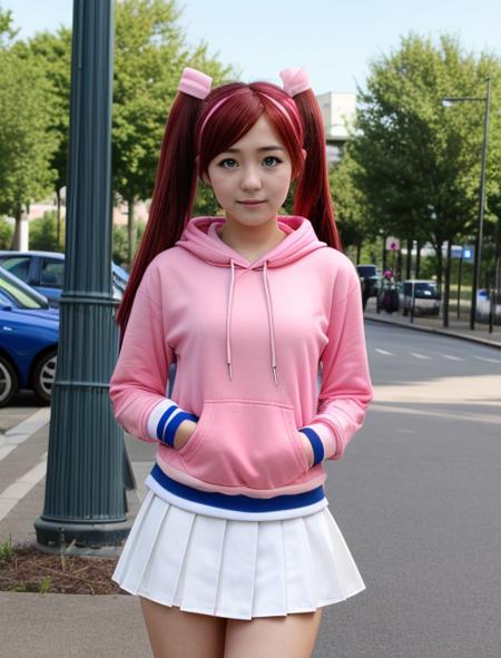best quality, masterpiece, highres, detailed, realistic, cosplay, <lora:Detail - add_detail:0.2>, SayakaYumi, short twintails, red hair, green eyes, blue gloves, pink hoodie, white skirt, shorts under skirt, serious, blush,  <lora:Character - SayakaYumi:0.5>, 1girl in her 20's, outdoors, city,