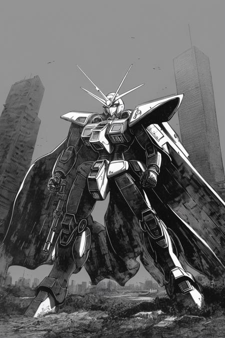 a gundam in a city,monochrome,art by llbreton, <lora:LLBreton15Recent:1>