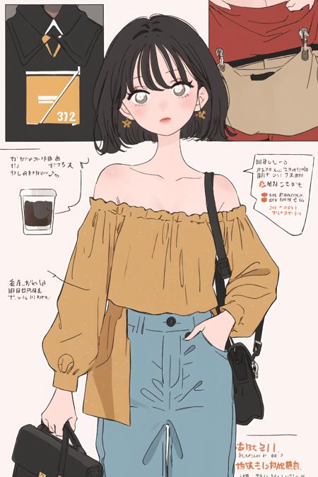 (best quality, masterpiece, highres),2girl,solo,pants,off shoulder,shoulder bag,infographic,
<lora:fashion illustration_v1:1>,