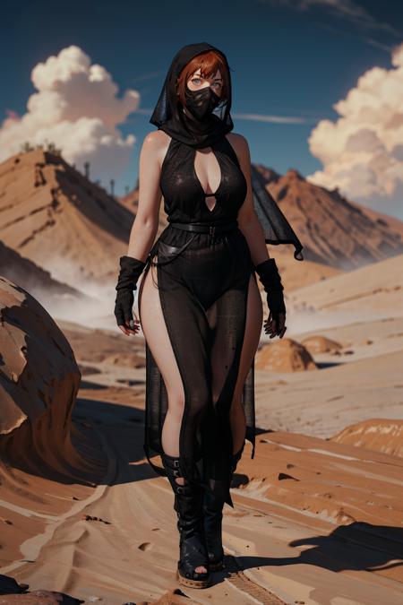 t3mp0h00d,bare shoulders,sleeveless,belt,hood,fingerless gloves,see-through black dress,mask,cleavage cutout,veil,side slit,covered mouth, boots,
