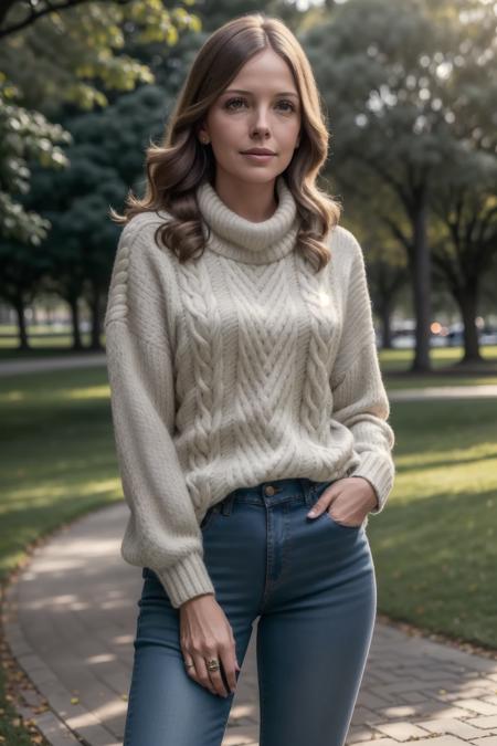 dianekeaton a woman wearing a sweater, jeans, outside, park , portrait, (8k, best quality, masterpiece:1.2), (realistic, photo-realistic:1.37), ultra high res, ultra-detailed, incredibly beautiful girl