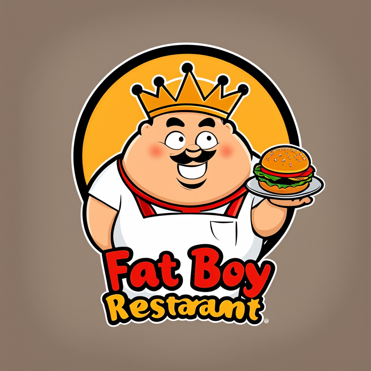 logomkrdsxl, catoon of a fat man witha burger, logo,  vector, text "Fat boy burgers restaurant",  <lora:logomkrdsxl:1>, be...