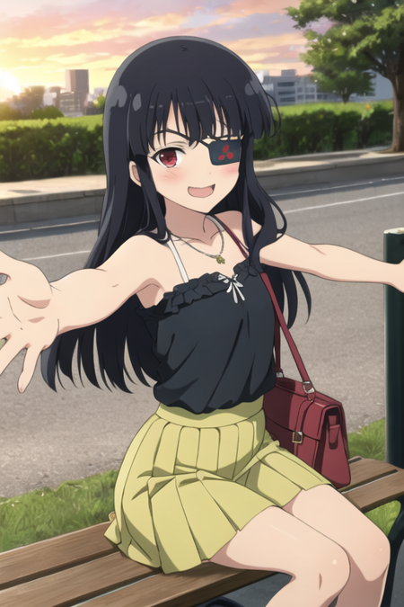 masterpiece, best quality, <lora:mirai-10:1>, 1girl, mirai \(senran kagura\), black hair, long hair, very long hair, red eyes, eyepatch, breasts, flat chest, looking at viewer, facing viewer, outdoors, park, park bench, sitting, dress, black dress, frilled shirt, bare shoulders, necklace, skirt, pleated skirt, yellow skirt, sunset, blush, worried, happy, smile, open mouth, handbag, simple background, outstretched arms, hug,