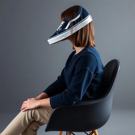 professional photo, detailed photo,
profile of woman, she has no head, she has no face
she is sitting in a chair, legs crossed
her entire-head was replaced with a sneaker
(((navy-blue-canvas-women's-Vans-sneaker))), (((Vans-Authentic-sneaker)))