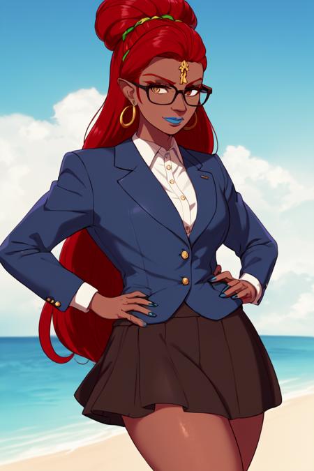 masterpiece, high quality, highres, detailed face, full_body of urbosa wearing a business suit jacket and black tights and (((dark blue skirt)), ((hair in bun)), wearing glasses, unbuttoned white shirt,<lora:urbosa-sd15-000010:0.6> dark skin, red hair, sharp features, blue nail polish, blue lipstick, toned,