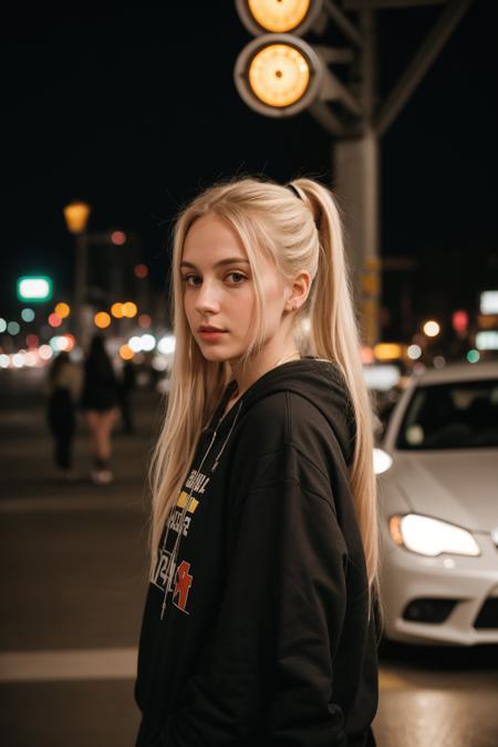 analog portrait photograph of two cute 28 year old girls with long blonde hair in ponytails standing on a city street at night, pale skin, blush, hoodie, detailed skin, pouting, innocent, street photography, cars, traffic lights, stoplights, bright neon shop signs, flash lighting, bright, headlights, dark and moody, streetlights, string lights, retro, bokeh, Porta 160 color, shot on ARRI ALEXA 65, sharp focus on subject, Fujifilm XT-3, <lora:picxer_real:0.8> <lora:epiCRealismHelper:1>