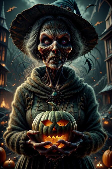 an evil witch carrying a pumpkin around town on Halloween, she has orange glowing eyes, dark night, HalloweenGlowStyle, ral-wtchz, CyberRealistic_Negative, ral-wtchz