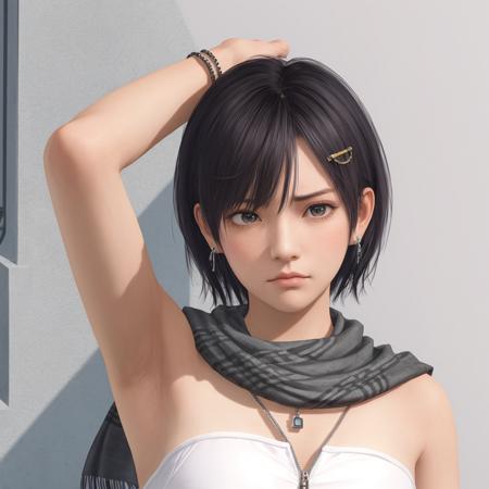 masterpiece, best quality, 1girl, nagisa, zipper, looking away,  upper body, black hair, looking at another, short hair, scarf , earrings, frown, arm up, <lora:doaxvv_nagisa-000018:0.4>