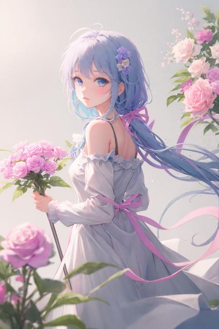 1girl, solo, long hair, blue eyes, dress, flower, white hair, ribbon, looking at viewer, white dress, pink flower, bangs, full body, rose, holding, blue ribbon, staff, frills, pink rose, long sleeves, hair ornament, white flower, very long hair, hair flower, bow, floating hair <lora:SilvermoonMix12:1>