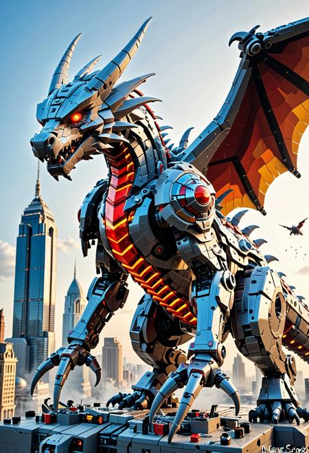 LEGO SDXLposXL, A futuristic mecha dragon with steel scales, made of lego, lego parts, rocket thrusters along its back propelling it through the sky, glowing red eyes scanning the neon-lit city below.