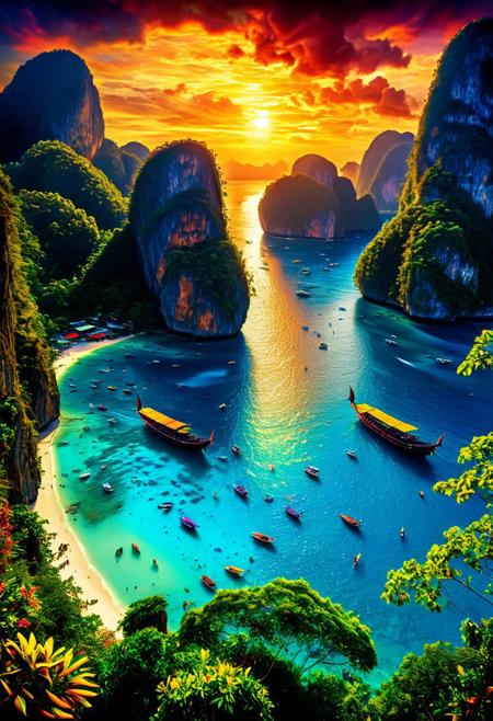 Create a breathtaking image of a photograph of the famous Kho Phi Phi island of Thailand, View towards the Bay seing the traditional Ships, daylight, vivid colors, bright, amazing landscape, perfect composition, a rich and complex image of nature, a vibrant tissue of hues and textures captured digitally, best quality, realistic, captivating, fantastical, splash art, intricately detailed, hyper detailed, maximalist style, photorealistic, concept art, sharp focus, harmony, serenity, calm, mysterious glow, dynamic lighting, superb composition, finest details, highest aesthetics, ((view from above)), aerial photo from above as if a bird had taken the picture, mystical glow, best quality, sharp focus, high contrast, stylized, clear, colorful, ultra quality, 8k, best quality, masterpiece,midjourneyv6.1