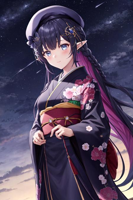 masterpiece, best quality, highres, 1girl hair ornament beret pointy ears <lora:sora_orbit_no_outfit:1> kimono, starry sky