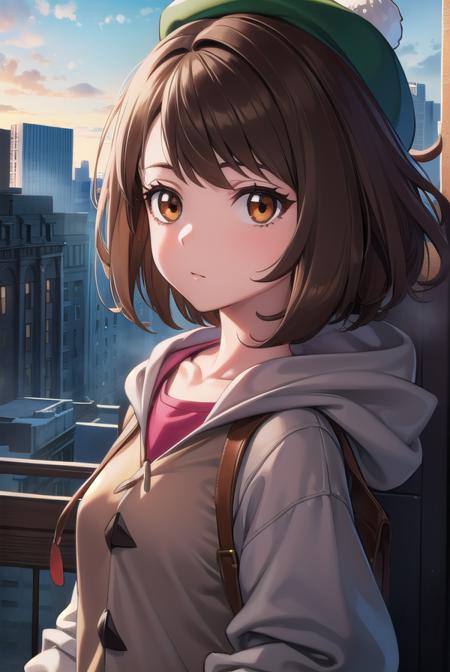 pokemongloria, <lyco:pokemongloria-lyco-nochekaiser:1>,
pokemongloria, (brown eyes:1.5), brown hair, medium hair, (small breasts:1.2),
BREAK cardigan, dress, green headwear, grey cardigan, hood, hood down, hooded cardigan, long sleeves, pink dress, short dress,
BREAK looking at viewer, full body, upper body,
BREAK outdoors, city, sky,
BREAK <lyco:GoodHands-beta2:1>, (masterpiece:1.2), best quality, high resolution, unity 8k wallpaper, (illustration:0.8), (beautiful detailed eyes:1.6), extremely detailed face, perfect lighting, extremely detailed CG, (perfect hands, perfect anatomy),