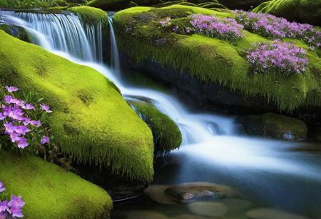 Glimpses of Spring reveal a cascading waterfall, lush with vibrant green moss and delicate wildflowers. This breathtaking photograph captures the essence of new life and rejuvenation. The crystal-clear water glistens in the sunlight, reflecting shimmering rainbows onto the surrounding rocks. Each detail is rendered with stunning clarity, from the intricate patterns in the moss to the delicate petals of the flowers. The image is a masterful blend of color and light, transporting viewers to a serene oasis of natural beauty.