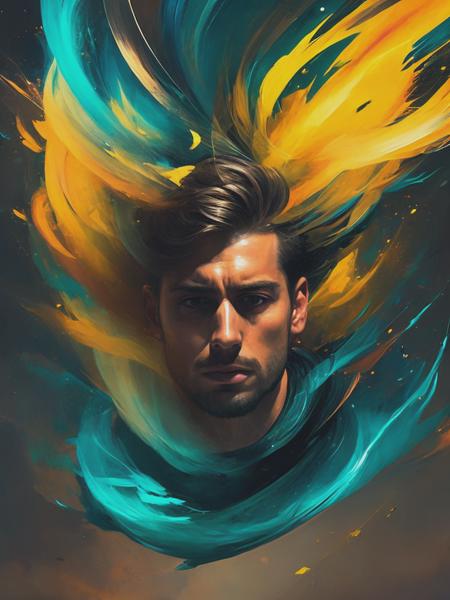 <lyco:SamSpratt:1.0>one man leans over his head while his hands are blown up, in the style of sam spratt, digital abstraction, jessica drossin, dark yellow and dark cyan, multi-layered compositions, adolph menzel, planar expressionism