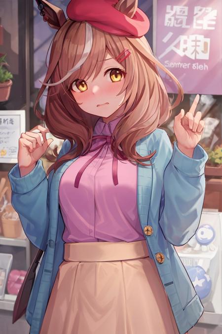 masterpiece,best quality,solo,1girl,matikane tannhauser \(umamusume\),casual,beret,pink shirt,brown skirt,blue jacket,sob,lying,shop