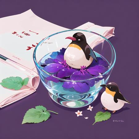 cup, dunch, no humans, bird, food, white background, fruit, food focus, penguin, leaf, simple background, animal focus, flower, glass<lora:dunch-000016:1>