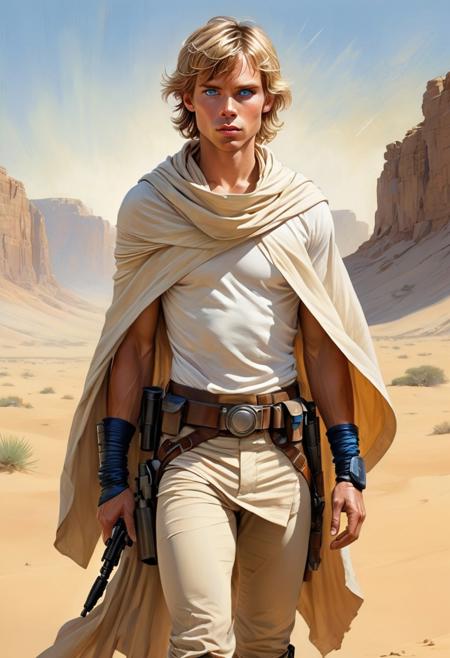 Fantasy art by Aleksi Briclot, beautiful female, wearing clothing inspired by Luke Skywalker, sexy, ink drawing, erotic drawing,  youthful, slender figure with a clean-cut, boyish appearance. He has sandy blond hair, often tousled and unkempt, reflecting his rough life on a desert planet. His bright blue eyes exude a sense of curiosity and determination. His face is marked by youthful features, including a smooth complexion and a somewhat angular jawline. His attire is practical for a moisture farmer: he typically wears a loose-fitting, cream-colored tunic, beige pants, and rugged, knee-high boots suitable for the desert environment. A brown utility belt with various pouches and a blaster holster wraps around his waist, highlighting his readiness for adventure. His look is completed with a tan poncho or cloak for protection against the desert's harsh climate. Despite his modest clothing, Luke's demeanor and physical presence hint at his latent heroism and the extraordinary destiny that awaits him. the scene should capture the essence of space opera with artistic detail, advntr, bad_prompt_version2, negative_hand, ac_neg1