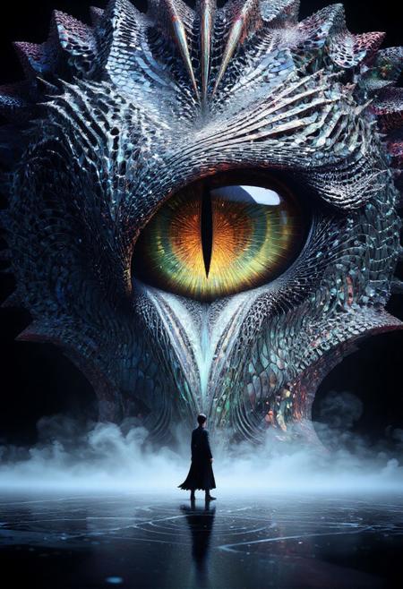 a striking and surreal scene that combines elements of both the natural world and fantasy. Dominating the composition is a massive, reptilian eye, filling almost the entire frame. The eye is highly detailed, with a slit-like pupil that suggests it belongs to a large, powerful creature, perhaps a dragon or another mythical being. The texture around the eye is rugged and scaly, giving the impression of ancient, weathered skin. In the lower portion of the image, a solitary human figure stands before the eye, dressed in a flowing black robe. The figure is tiny in comparison to the colossal eye, emphasizing the vast difference in scale and power between the two. The person stands on a surface that appears to be water or mist, which reflects the eerie, otherworldly light that surrounds the scene. The atmosphere is misty and dreamlike, adding to the sense of mystery and awe. Overall, the image is both dramatic and thought-provoking, blending cultural elements with a fantastical imagination to create a visually captivating scene. made out of fractangles, PG rating, sfw,