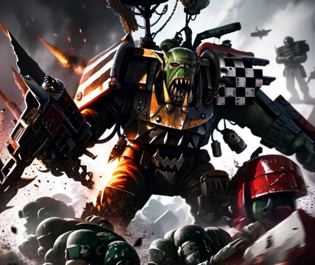 masterpiece,best quality,extremely detailed CG wallpaper, ultra_detailed,(high quality+high quality),(Masterpiece Painting:1.3) of (Ultra detailed:1.3),(Proud:1.3),1boy, gun, solo, checkered, male_focus, camouflage, good face,detailed face,warhammer40k,ork,two eyes,a group of people in a battle with a robot in the background and a man holding a gun in his hand, realistic, damaged, science_fiction, mecha, dirty, debris, battle, ground_vehicle, weapon, military, gun, motor_vehicle