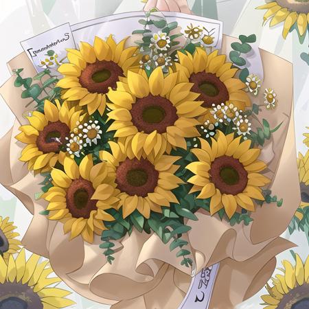 bouquet,yellow rose,pyrethrum parthenium,sunflower,eucalyptus,yellow packing ,eucalyptus, <lora:TS_Bouquet_V14:1>