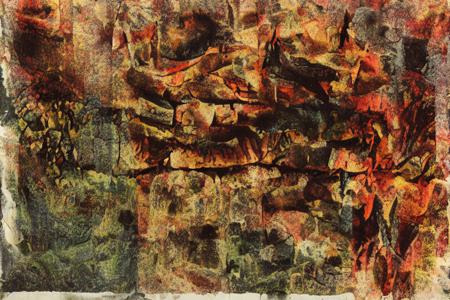 double exposure photograph of ancient ruins and citrasolv, (by citrasolv:1.2), chemically damaged, weathered, texture,