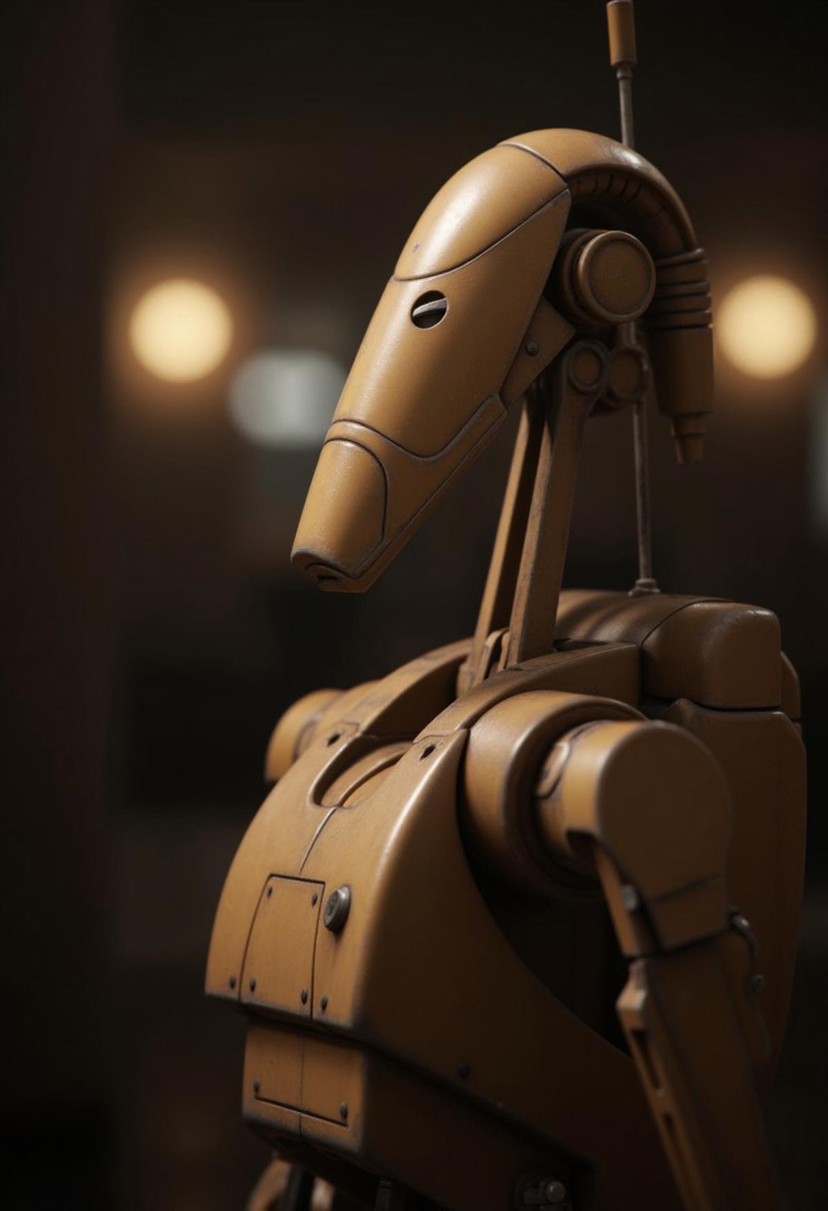 7-B1 droid, portrait, blurred background, glowing lights, dark lighting, robot, medium close up, detailed surfaces, intricate, 3d grain render, warm tone