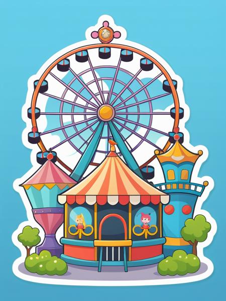 Children's amusement park, sticker, 2d cute, fantasy, dreamy, vector illustration, 2d flat, centered, by Tim Burton, professional, sleek, modern, minimalist, graphic, line art, vector graphics, <lora:CartoonStyle_Hap_XL:1.6>,cartoon style,anime,masterpiece,UHD,perfection,perfect,detailed, <lora:add-detail-xl:0.01> ,<lora:hand 4:0.00001> ,<lora:OverallDetailXL:0.0001>, <lora:detailed_notrigger:0.0001> ,<lora:xl_more_art-full_v1:0.01>, <lora:XDetail_light:0.00001> ,<lora:perfection style:0.00001>, <lora:age:0.00001>,
