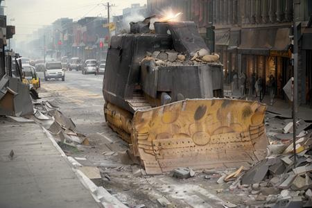 analog gloomy photo of a bulldozer with yellow blade,  <lora:k1lld0z3r:1.0>, crowded new york city avenue (at night), horror movie, (nighttime), (midnight), High Detail, Sharp focus, (photorealism), realistic, best quality, 8k, award winning, dramatic lighting, epic, cinematic, masterpiece, rim light, ambient fog:1.3, smoke:0.3, dutch angle, depth of field, wide angle lens, low angle shot,