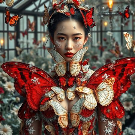 High fashion portrait of a living Christmas butterfly collection, dress made of thousands of crystalline butterfly wings that slowly move and change color from deep velvet red to frost white, face partially covered with delicate wing-shaped snowflakes, hair woven with living winter butterflies made of ice and gold, background of vintage botanical illustrations coming to life, gothic greenhouse setting with frozen flowers, soft ethereal lighting with rainbow prism effects, photorealistic details