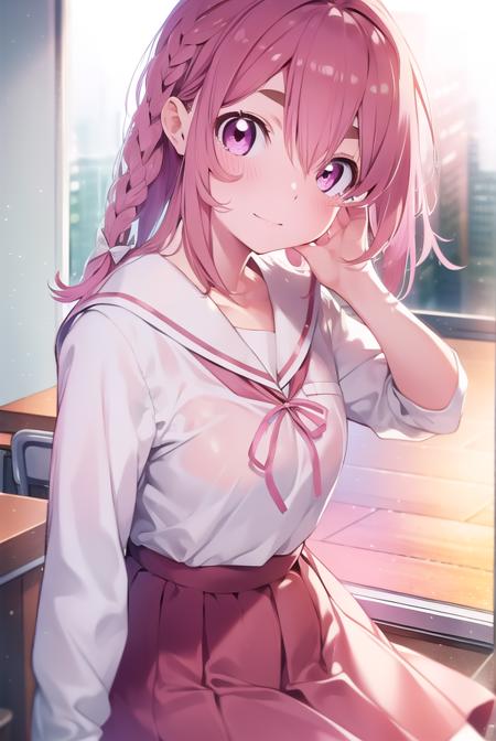 sumisakurasawa, <lora:sumisakurasawa-lora-nochekaiser:1>,
sumi sakurasawa, bangs, (pink eyes:1.5), hair between eyes, pink hair, braid, hair bow, thick eyebrows,
BREAK skirt, shirt, long sleeves, bow, ribbon, school uniform, white shirt, serafuku, sailor collar, red ribbon, neck ribbon, red skirt, white sailor collar,
BREAK looking at viewer,
BREAK indoors, classroom,
BREAK <lyco:GoodHands-beta2:1>, (masterpiece:1.2), best quality, high resolution, unity 8k wallpaper, (illustration:0.8), (beautiful detailed eyes:1.6), extremely detailed face, perfect lighting, extremely detailed CG, (perfect hands, perfect anatomy),