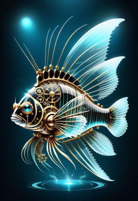 hologram of ( glass :1.5) lionfish \(animal\) , abstract, extremely detailed, floating in the ocean, steampunk, mechanical gears in body,fan-like pectoral fins, dorsal fin spines, digital illustration, dribbble, quantum wavetracing, black background, behance hd
<lora:dvr-tldr:0.8> dvr-tldr