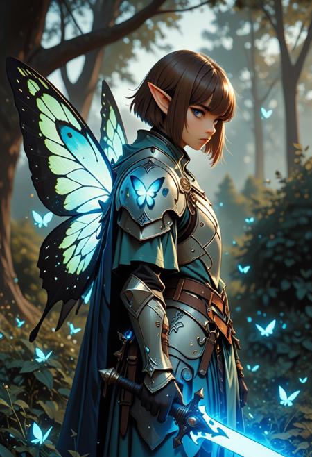 score_9_up, score_8_up, score_7_up, score_6_up. masterpiece, best quality, good quality, very aesthetic, absurdres, semirealism, fantasy, 8K, depth of field, focused subject, cowboy shot, Elf knight, 19yo male, androgynous, pointed ears, short brown hair, male haircut, blue eyes, wearing detailed armor, wielding blue glowing sword, he is standing, sword resting against the ground, large white glowing butterfly wings on the knight's back, park, hkvaloria