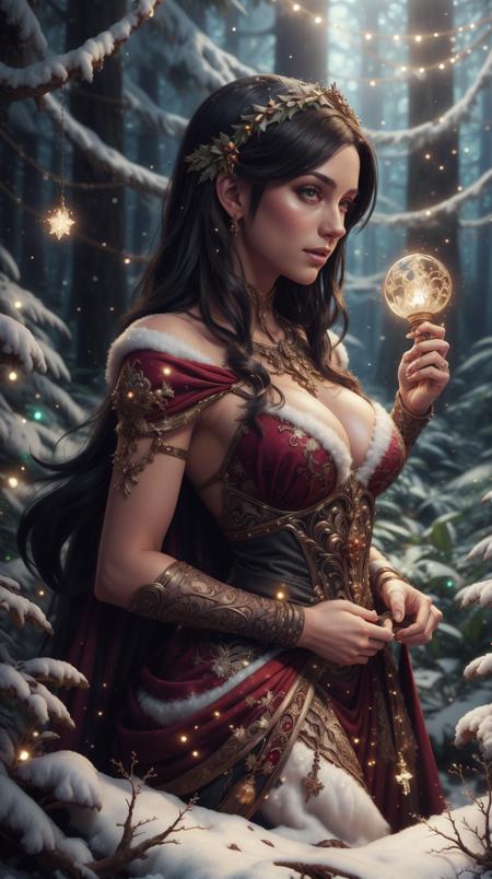 <lora:ChristmasWintery:0.7> ChristmasWintery anime key visual closeup of amora the enchantress wearing a medieval gown!! intricate, magical forest, stunning, highly detailed, digital painting, artstation, smooth, hard focus, illustration, art by artgerm and greg rutkowski and alphonse mucha, (Masterpiece:1.3) (best quality:1.2) (high quality:1.1)